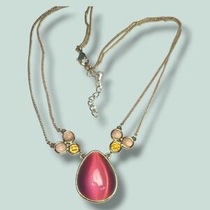 Pink Teardrop Cat Eye Statement Necklace Gold Tone Double Chain 16–18"